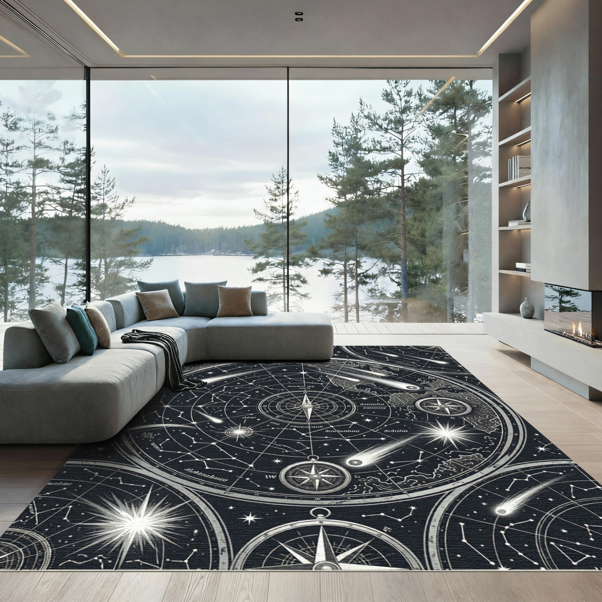Celestial Black White Astro Compass Map Rug