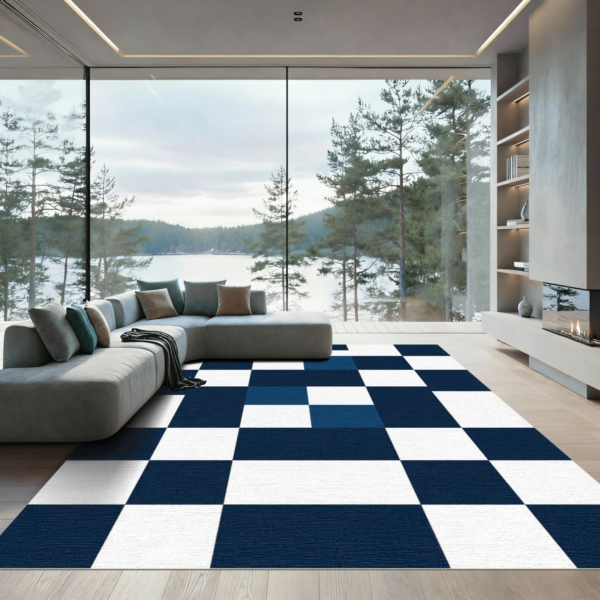 Navy White Tile Checkerboard Rug