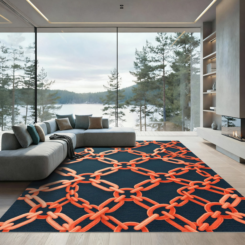 Modern Coral Orange Geometric Chain Link Rug