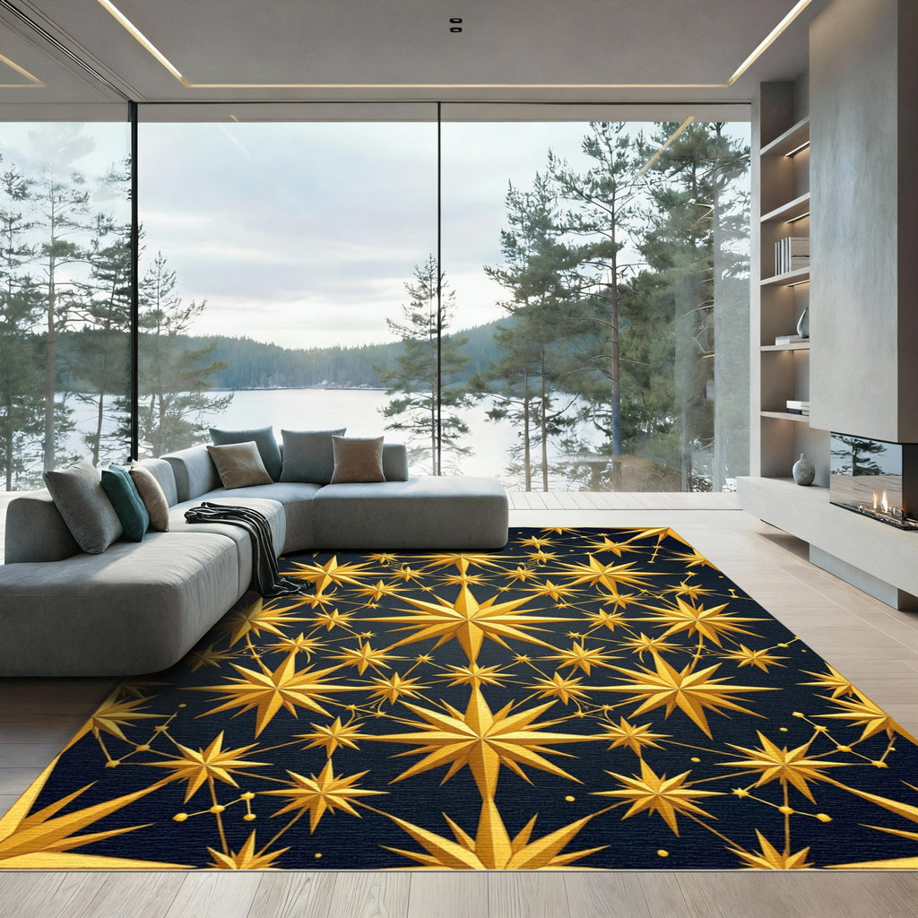 Golden Celestial Starry Night Geometry Rug