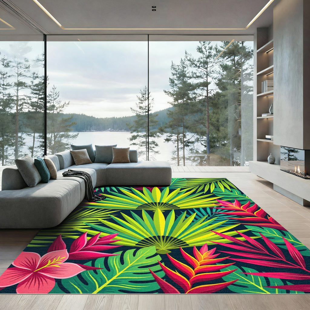 Lush Tropical Foliage Vibrant Botanical Rug