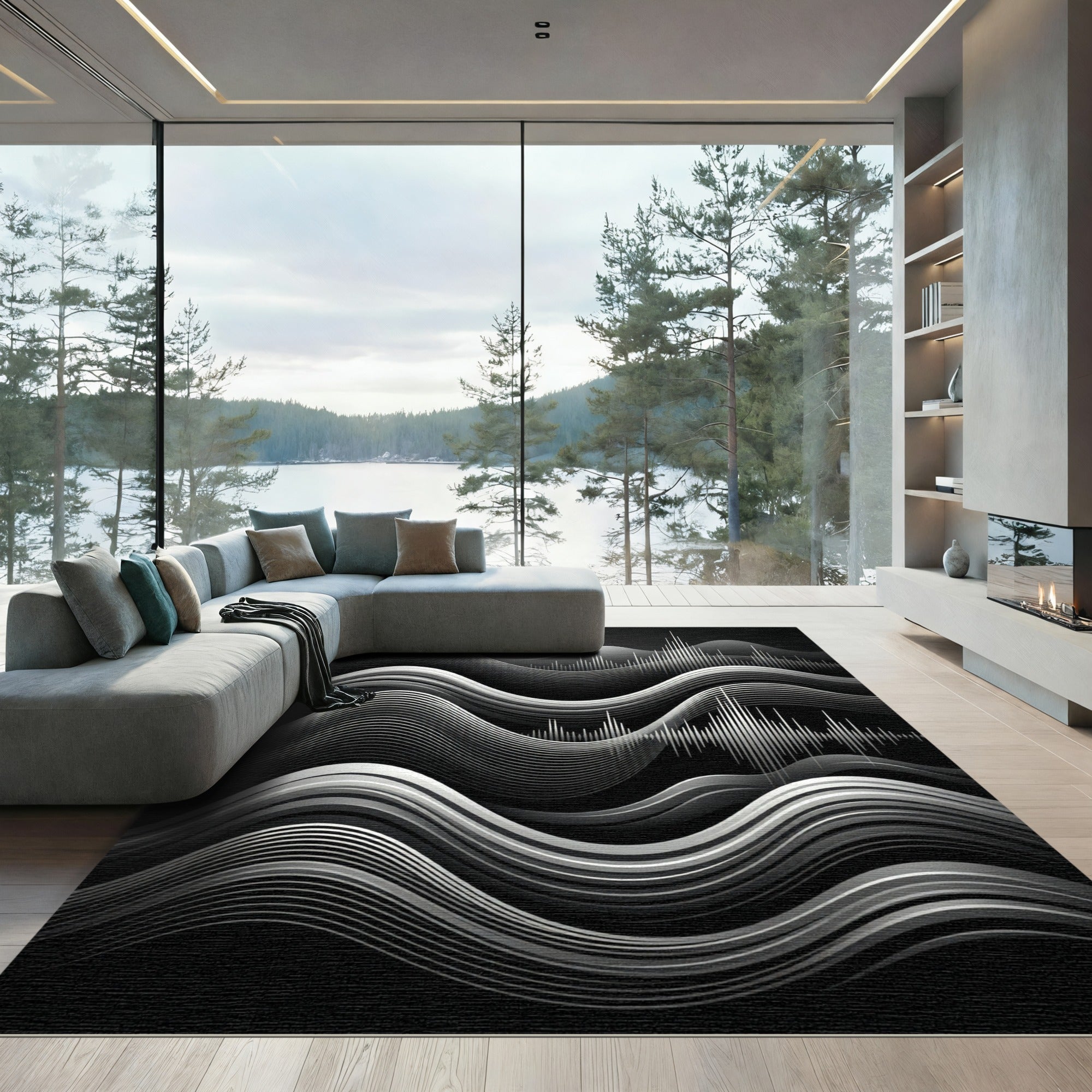 Monochrome Wavy Soundwave Lines Rug