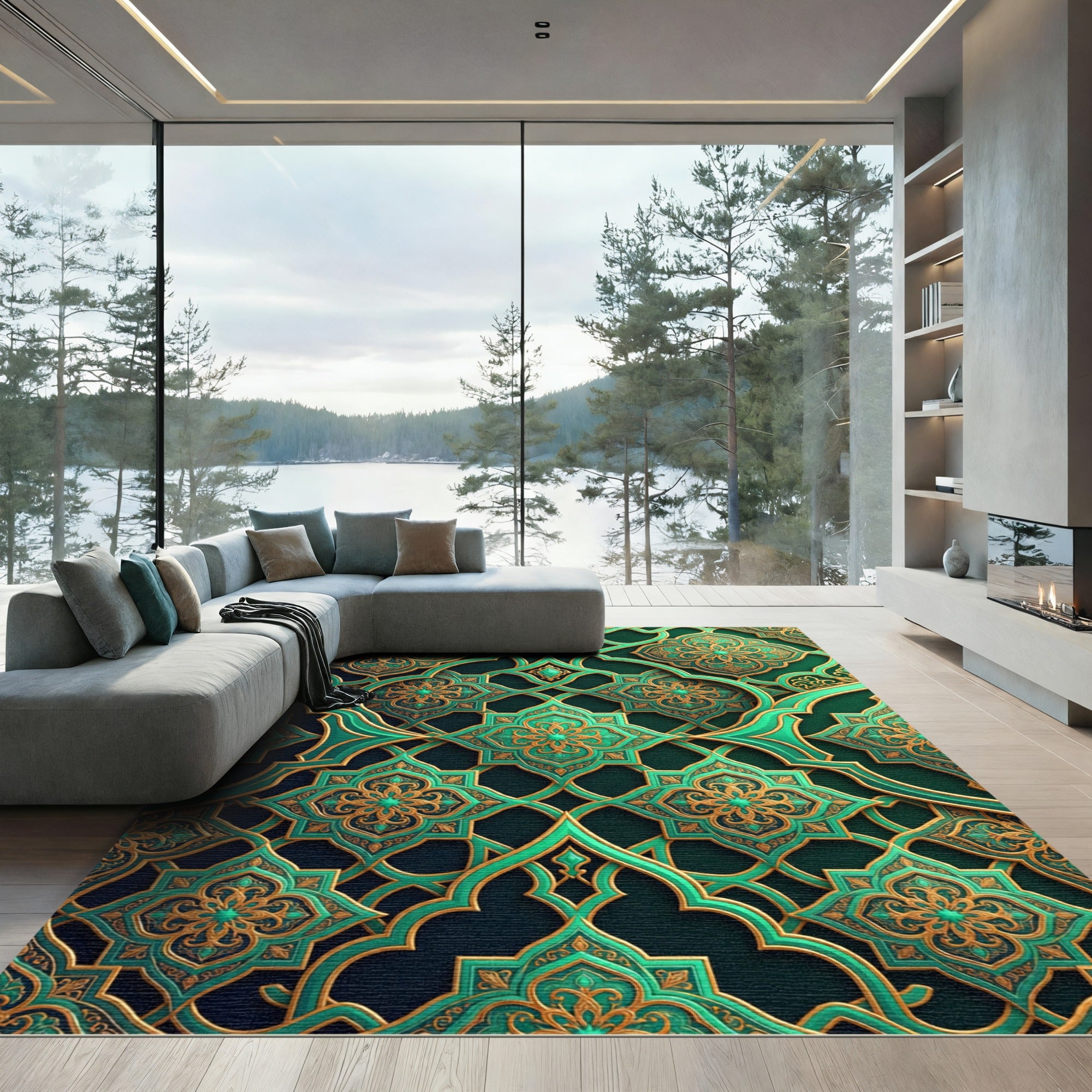 Emerald Golden Arabesque Lattice Rug