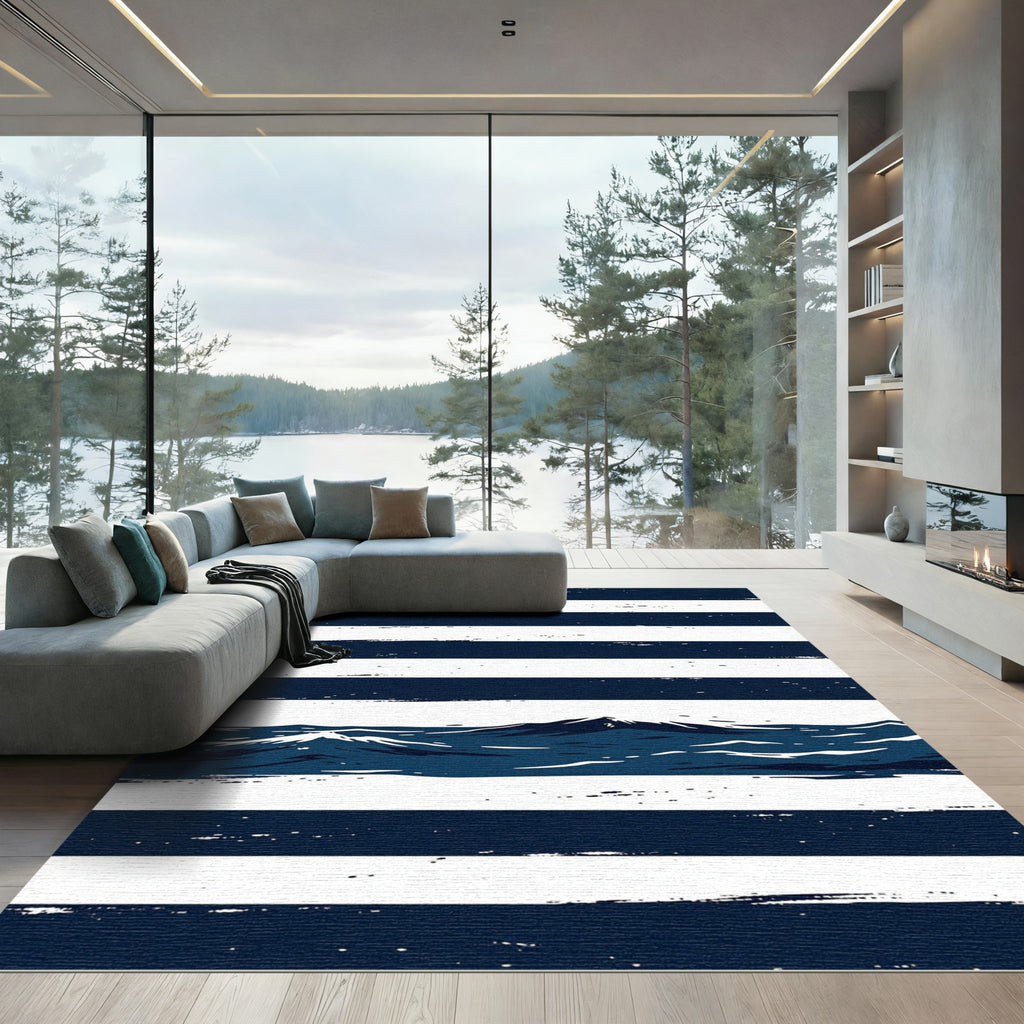 Navy Blue Oceanic Mountain Striped Art Rug