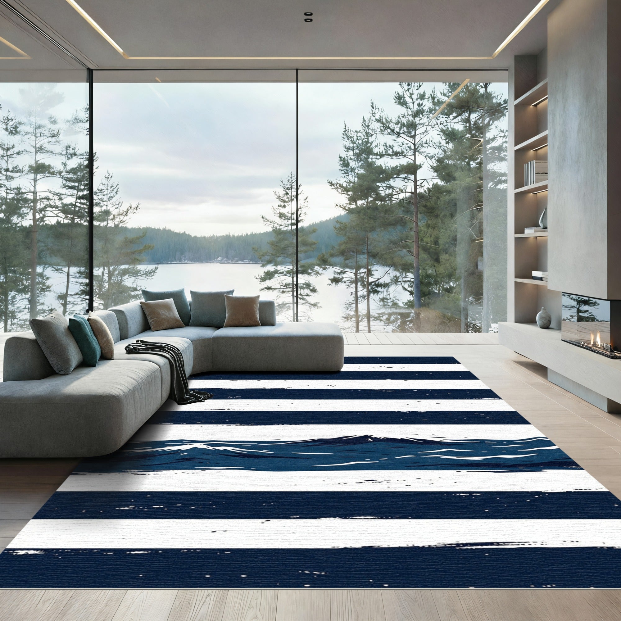 Navy Blue Oceanic Mountain Striped Art Rug