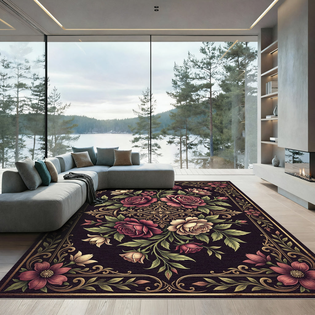 Elegant Dark Floral Bloom Medallion Rug