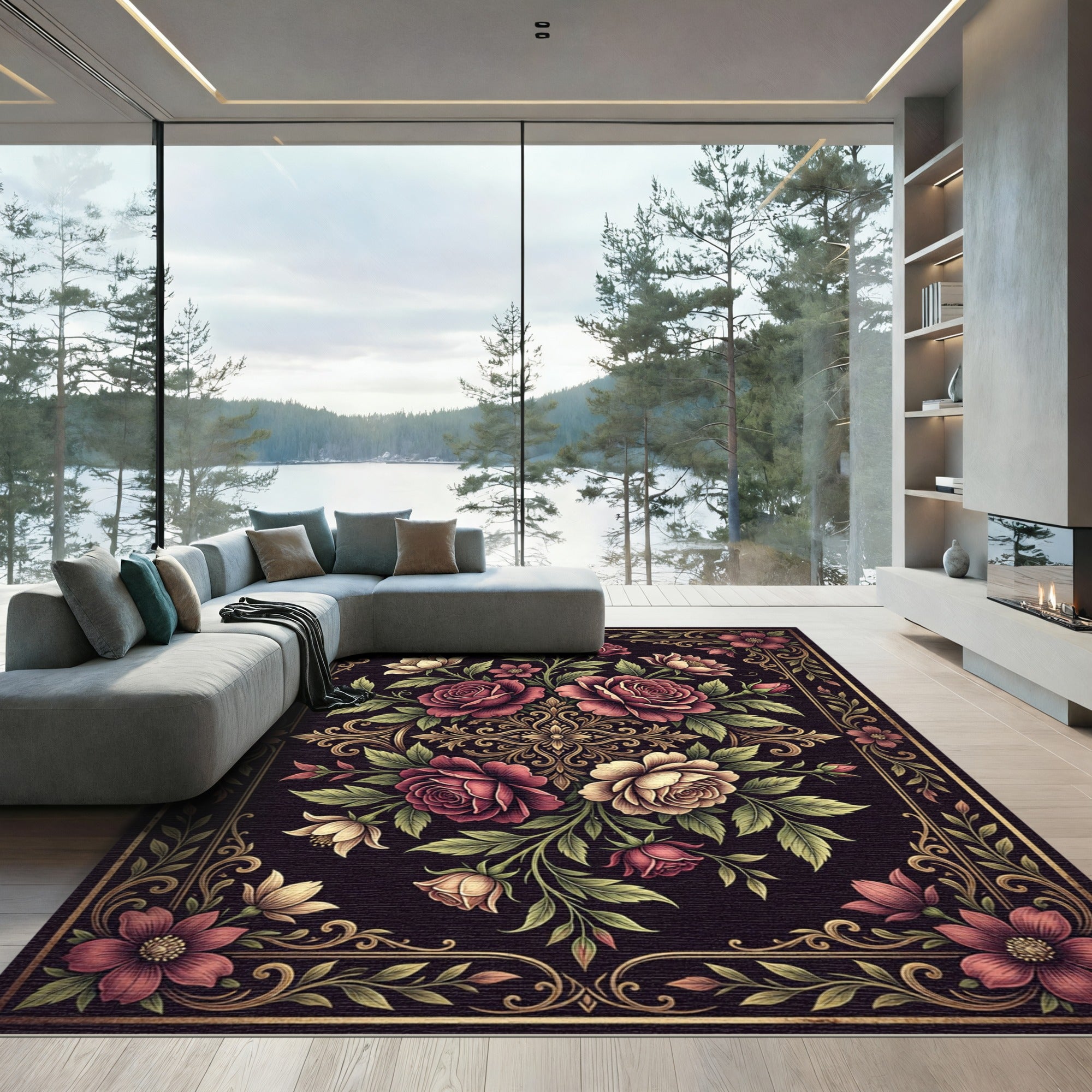 Elegant Dark Floral Bloom Medallion Rug