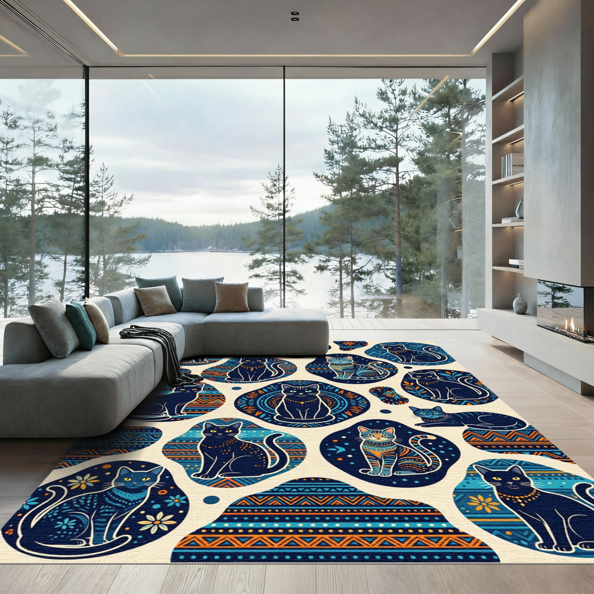 Enchanted Midnight Cat Folk Art Tapestry Rug