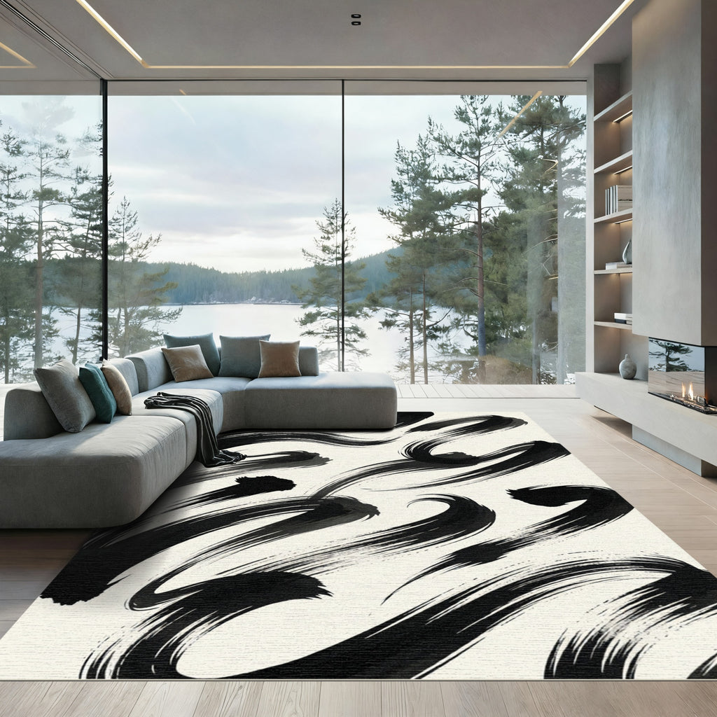 Minimalist Black Ink Swirls Rug