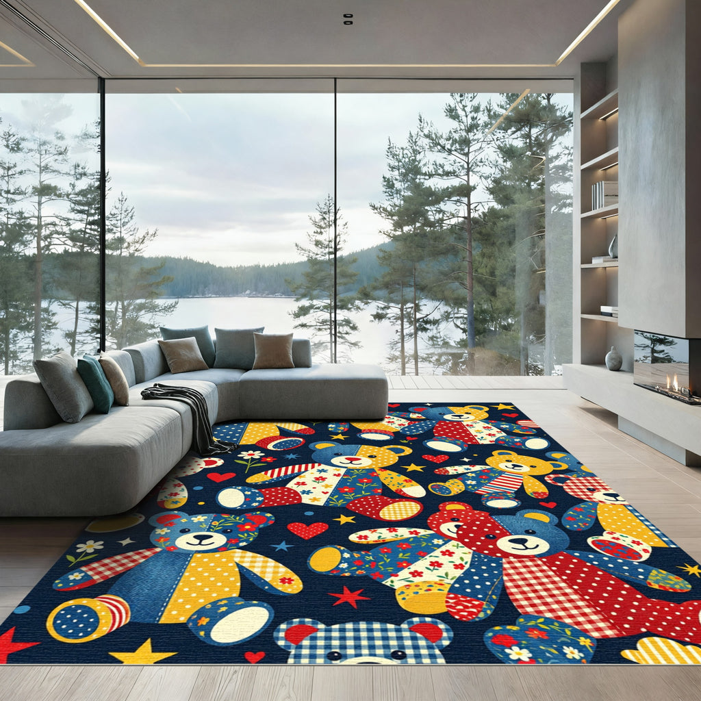 Whimsical Patchwork Teddy Bear Starry Navy Rug