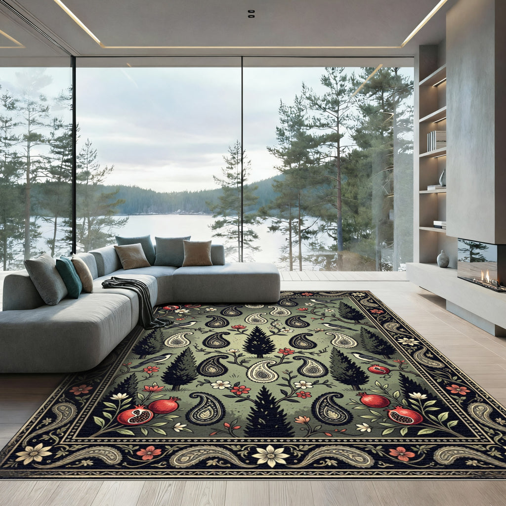 Botanical Pomegranate Paisley Sage Green Area Rug