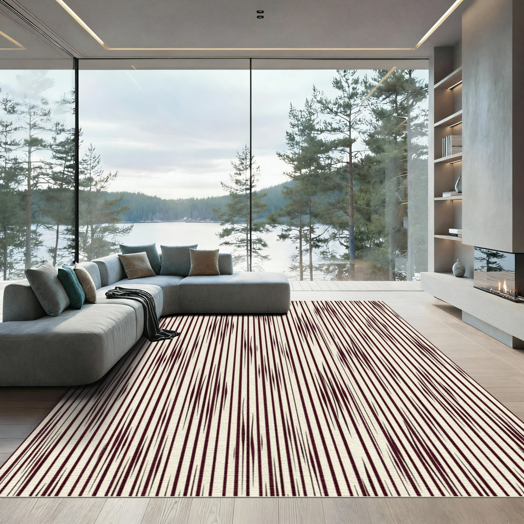 Cream Maroon Vertical Stripe Elongated Diamond Rug