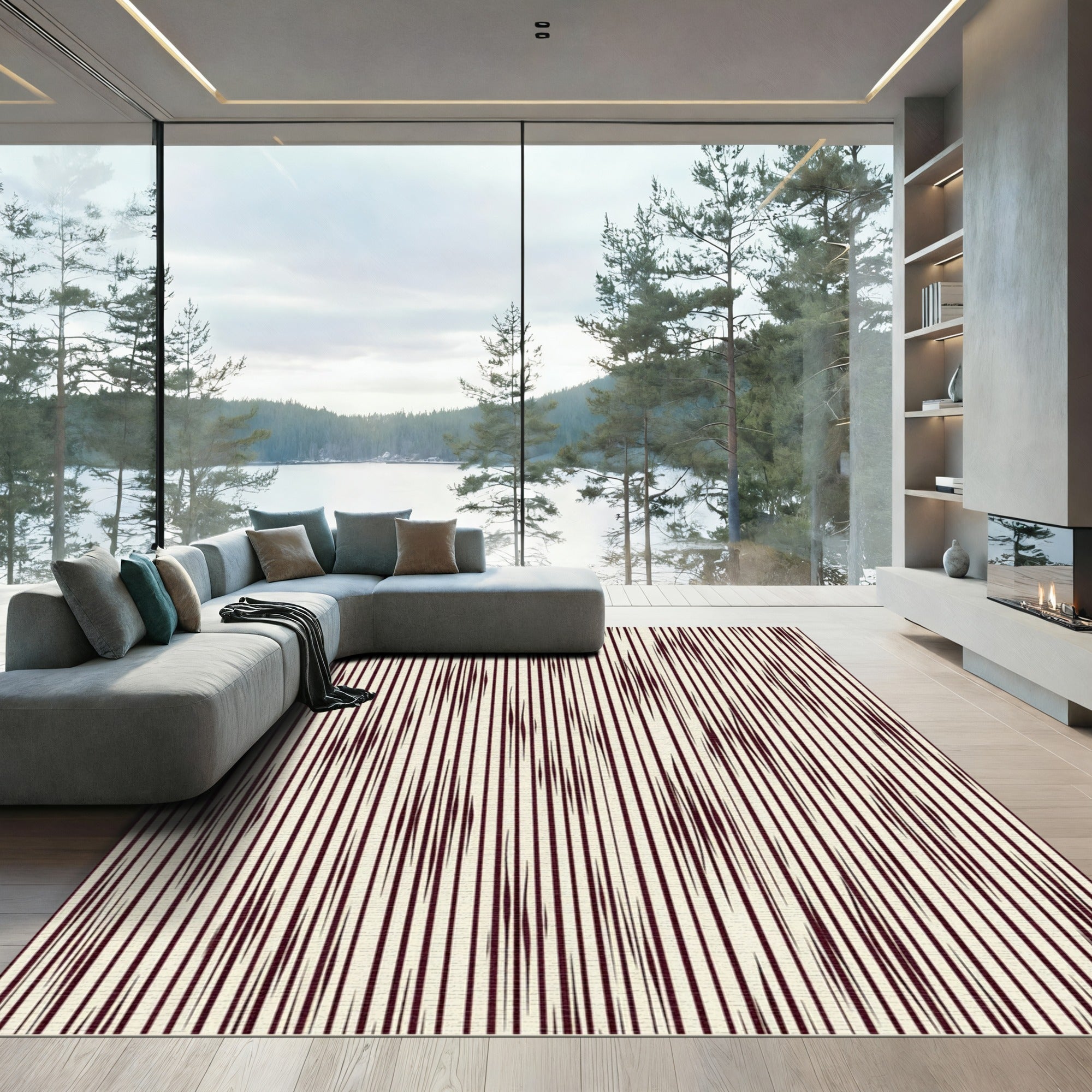 Cream Maroon Vertical Stripe Elongated Diamond Rug