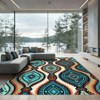 Teal Orange Geometric Abstract Medallion Rug