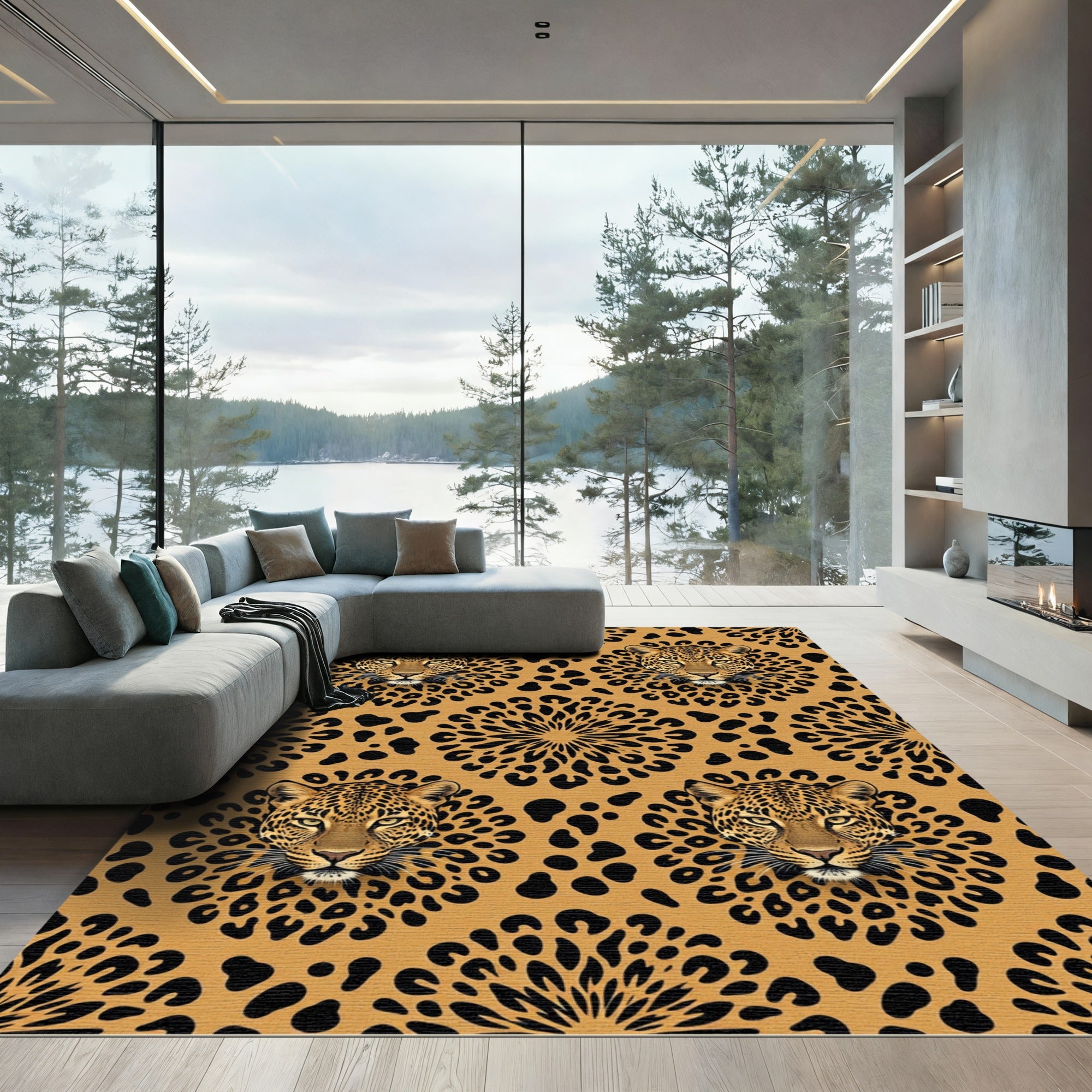 Symmetrical Leopard Head Golden Animal Decor Rug