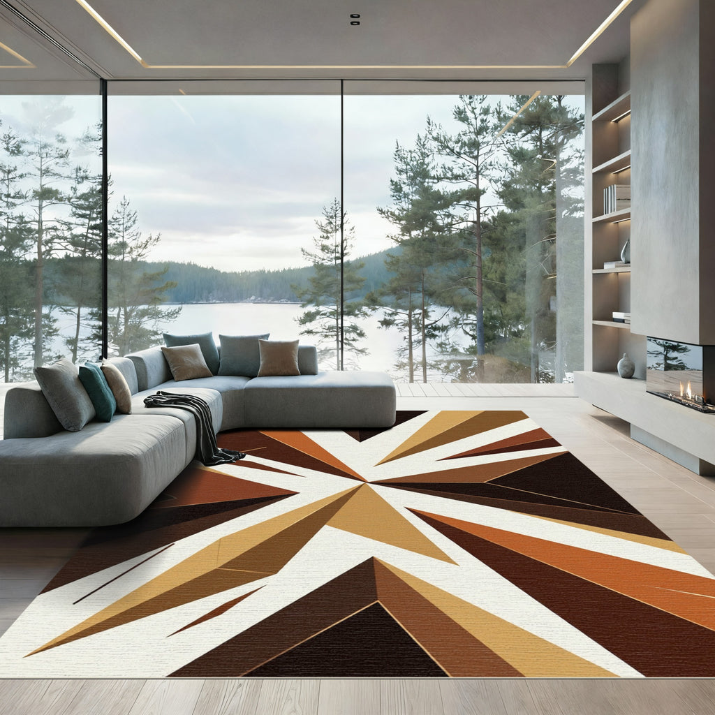 Abstract Geometric Copper Brown Starburst Rug