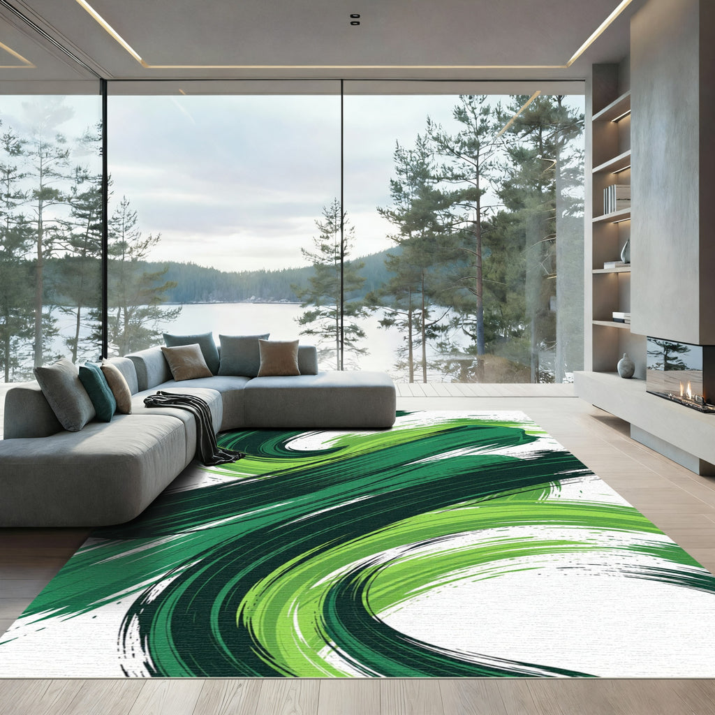 Vibrant Abstract Emerald Swirl Echo Rug
