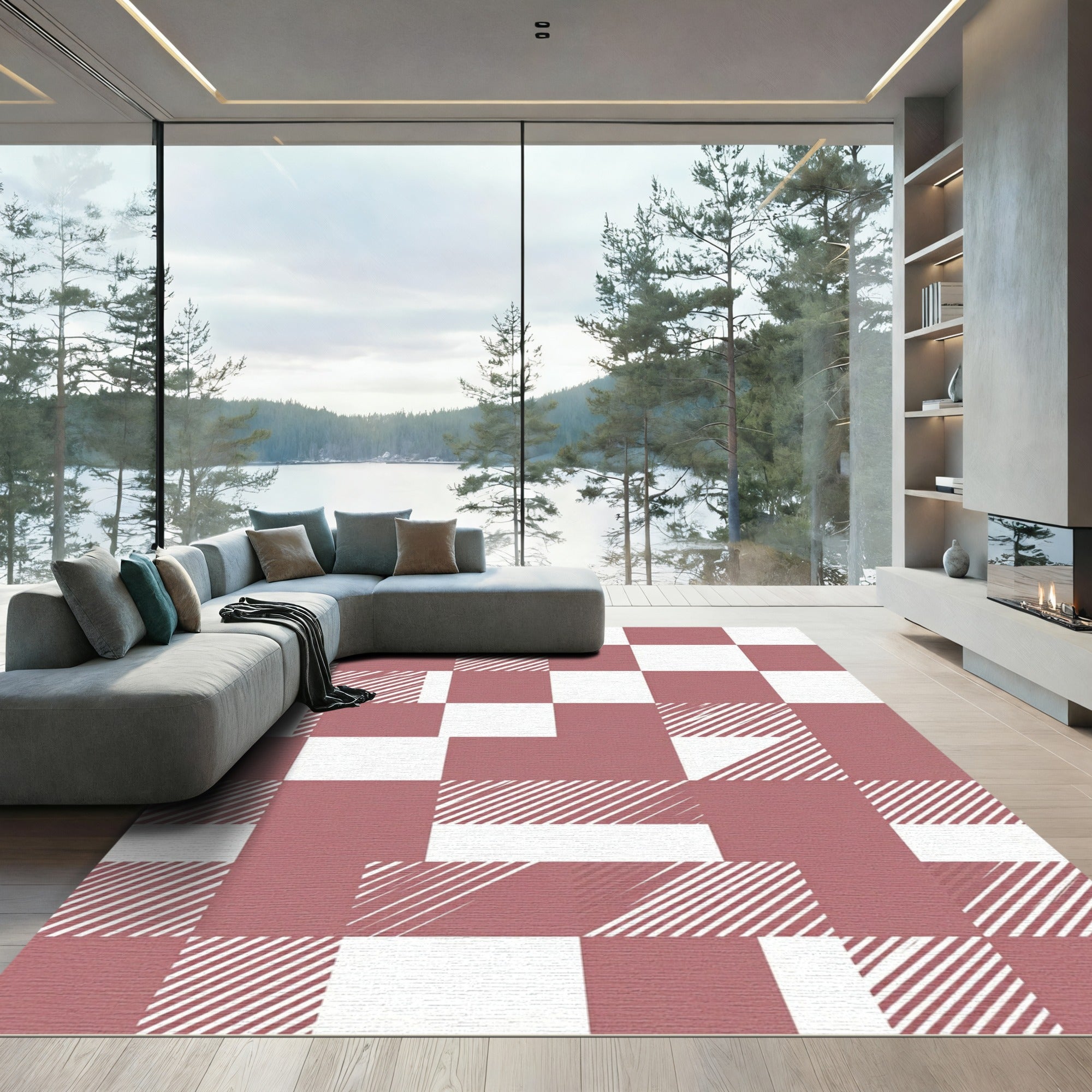 Blush Pink Checkered Geometric Grid Rug