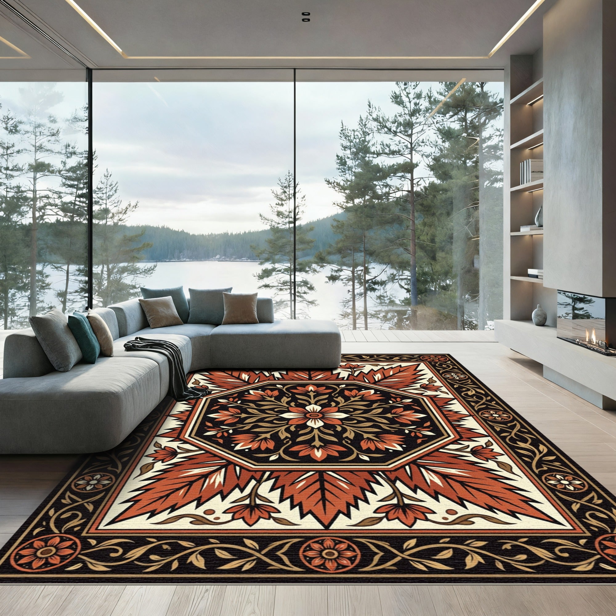 Crimson Floral Octagon Border Rug