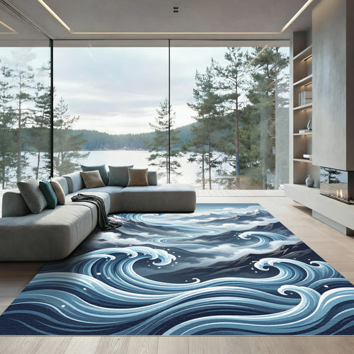 Azure Ocean Mountain Wave Art Rug