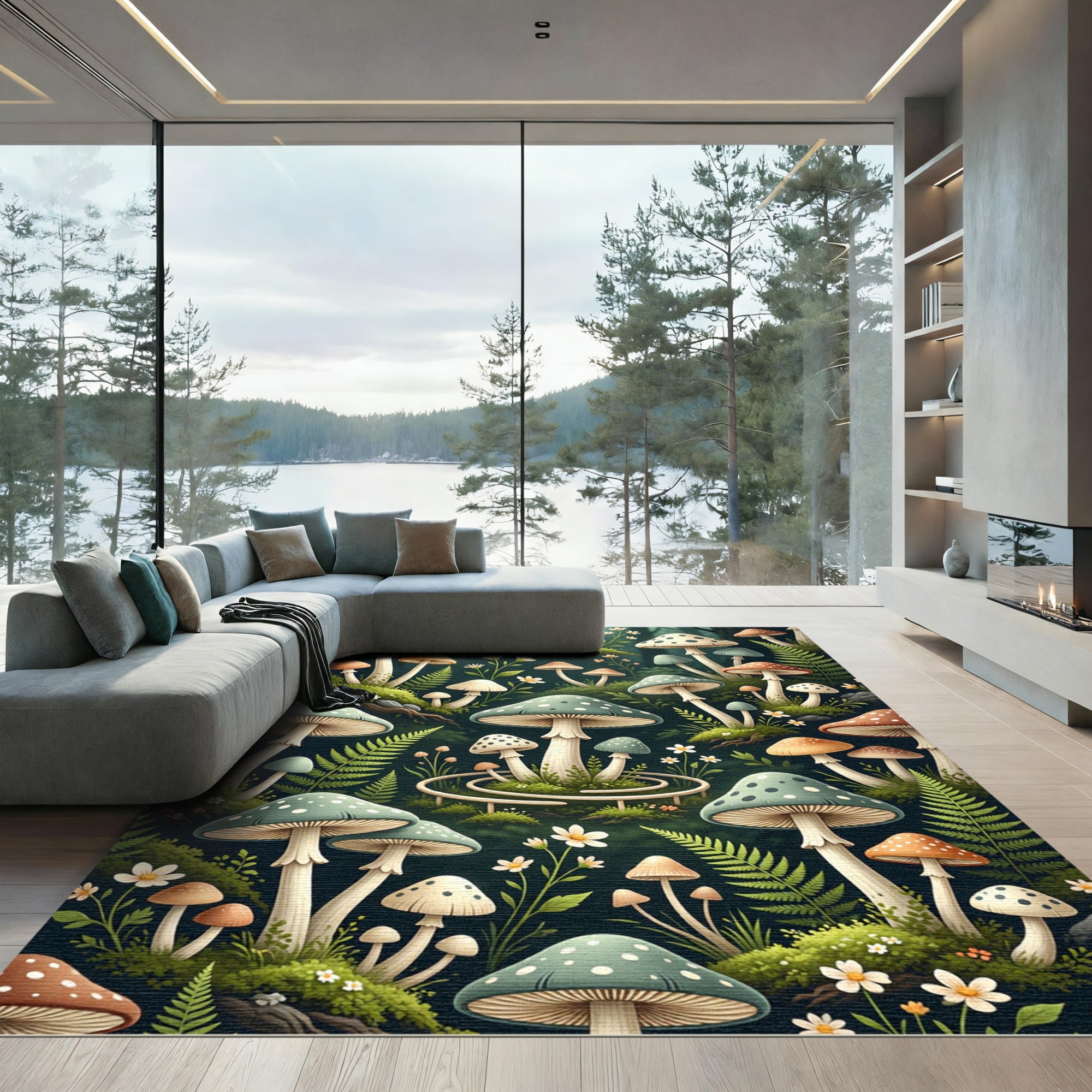 Whimsical Forest Mushroom Sage Green Tapestry Rug