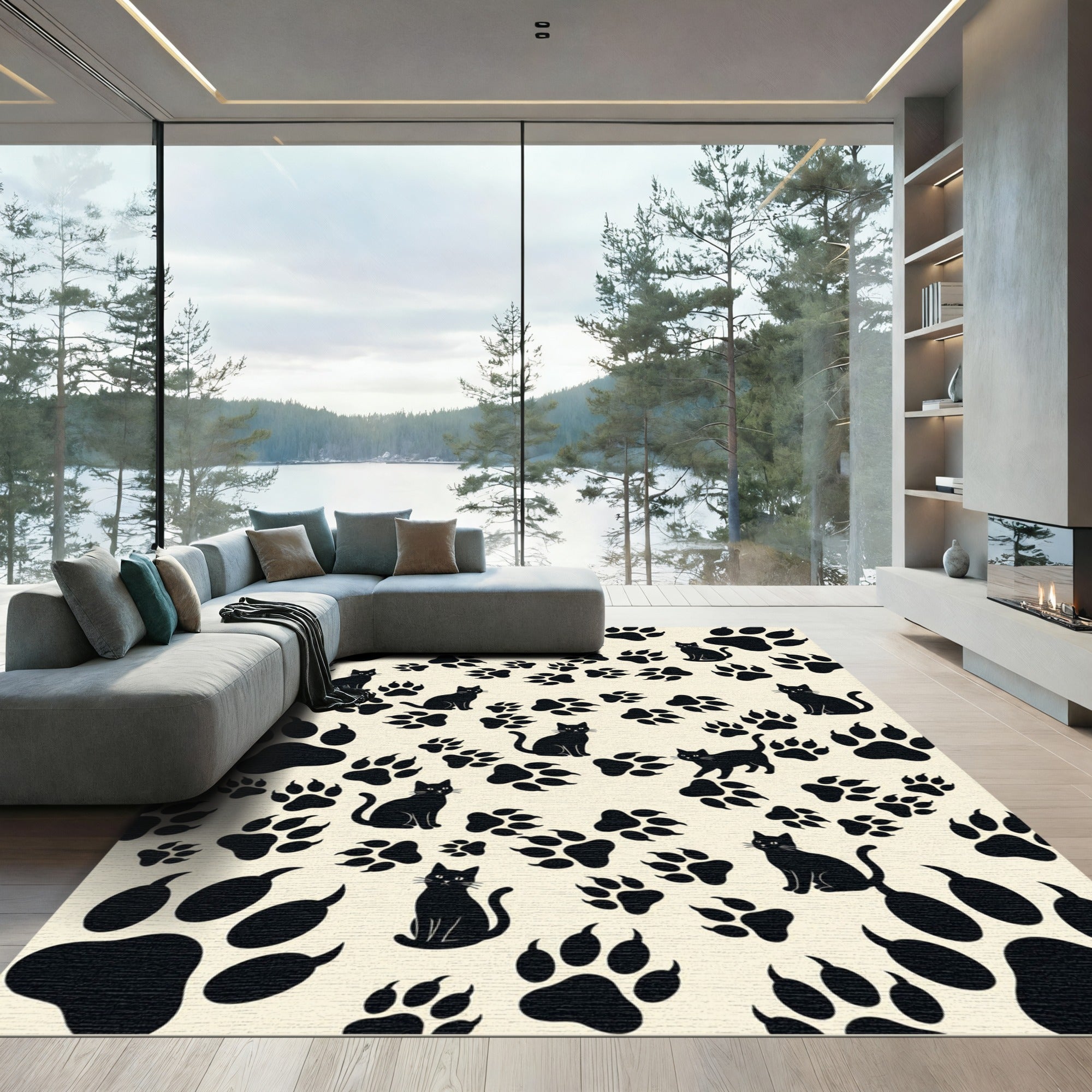 Whimsical Black Silhouette Cat Paw Rug