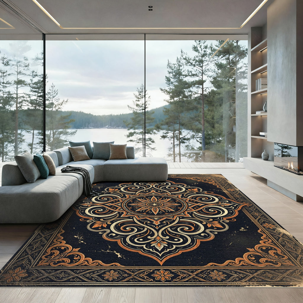 Ornate Gold Floral Medallion Charcoal Rug