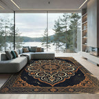 Ornate Gold Floral Medallion Charcoal Rug