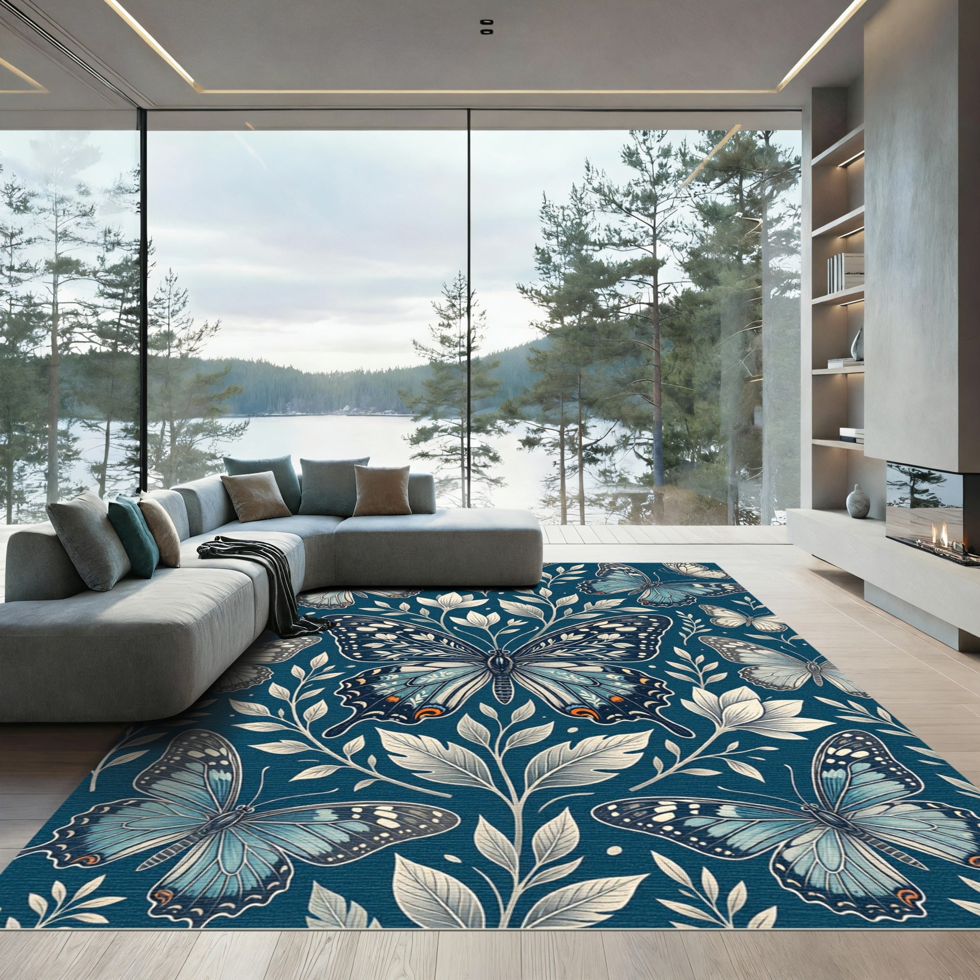 Elegant Blue Butterfly Botanical Garden Rug