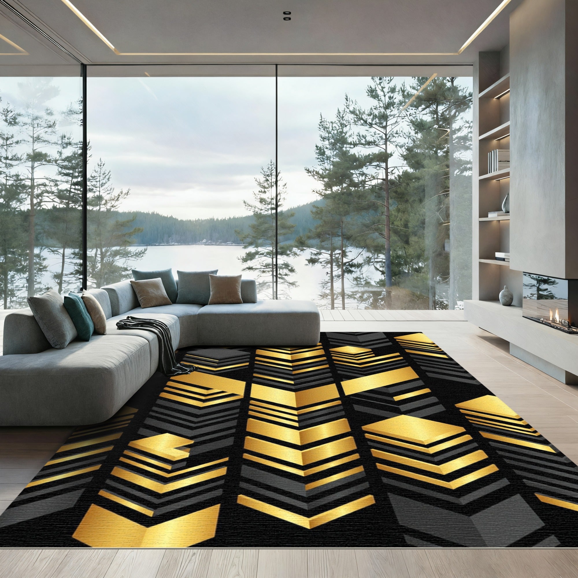 Gold Black Geometric Stacked Blocks Rug