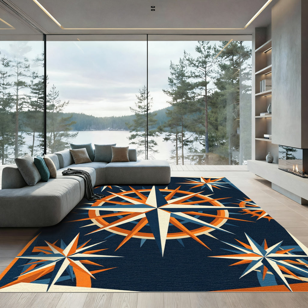 Geometric Navy and Orange Star Compass Rug