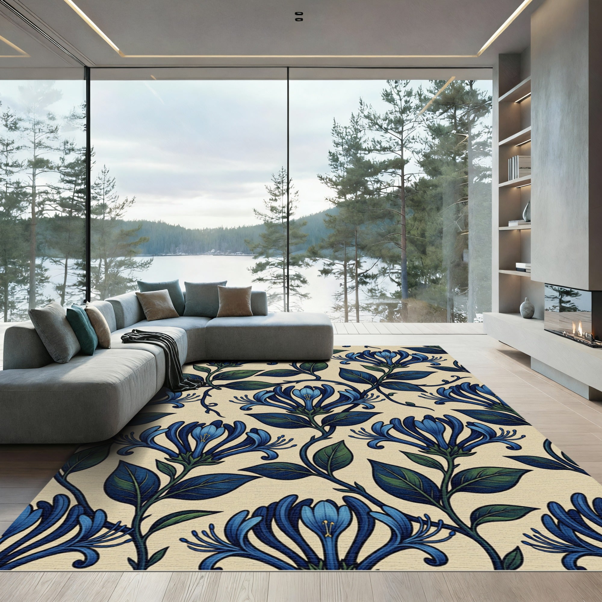 Art Nouveau Blue Honeysuckle Floral Scroll Rug
