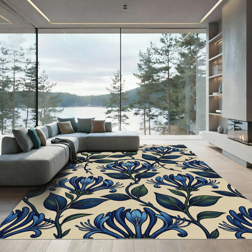 Art Nouveau Blue Honeysuckle Floral Scroll Rug