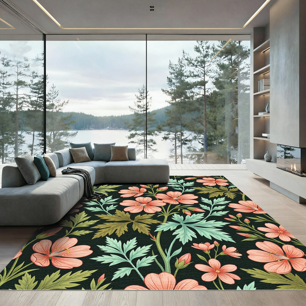 Botanical Peach Floral Dark Garden Rug