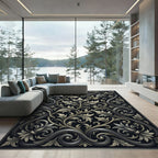 Black Silver Ornate Foliage Scroll Rug