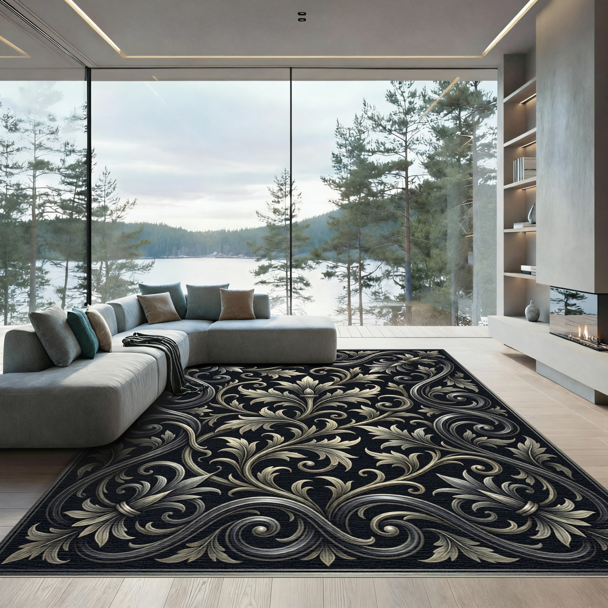 Black Silver Ornate Foliage Scroll Rug