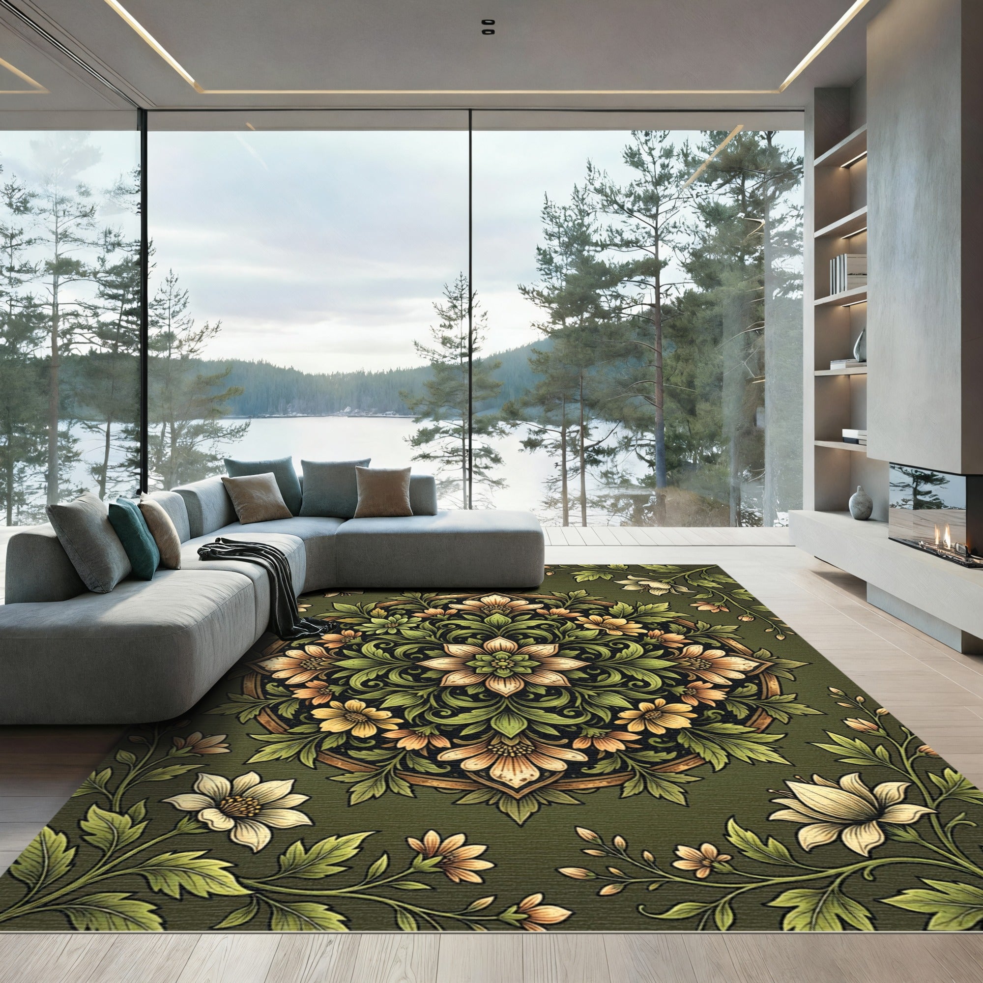 Elegant Sage Green Floral Mandala Rug
