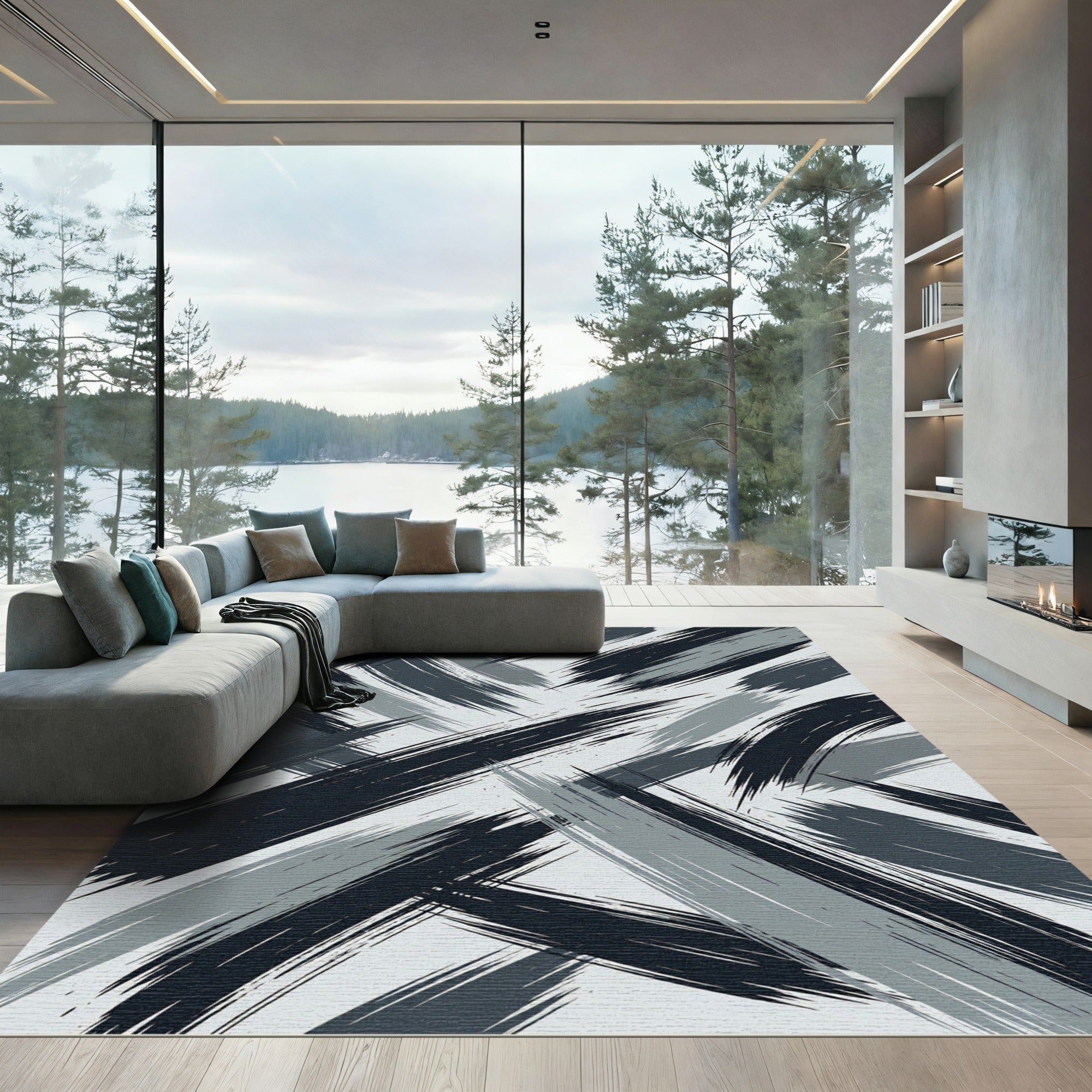 Charcoal Gray Brush Stroke Overlay Rug