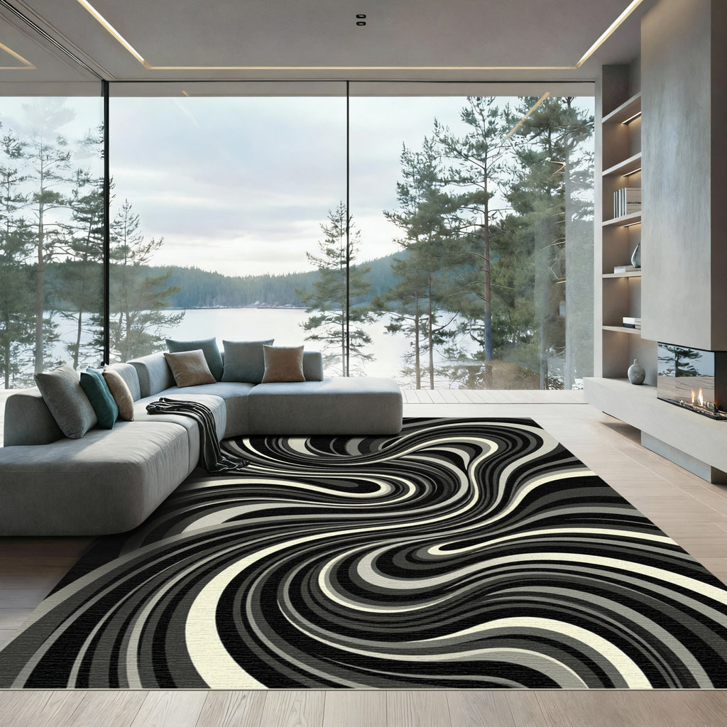 Monochromatic Swirl Optical Illusion Rug