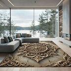 Ornate Golden Baroque Scroll Medallion Rug