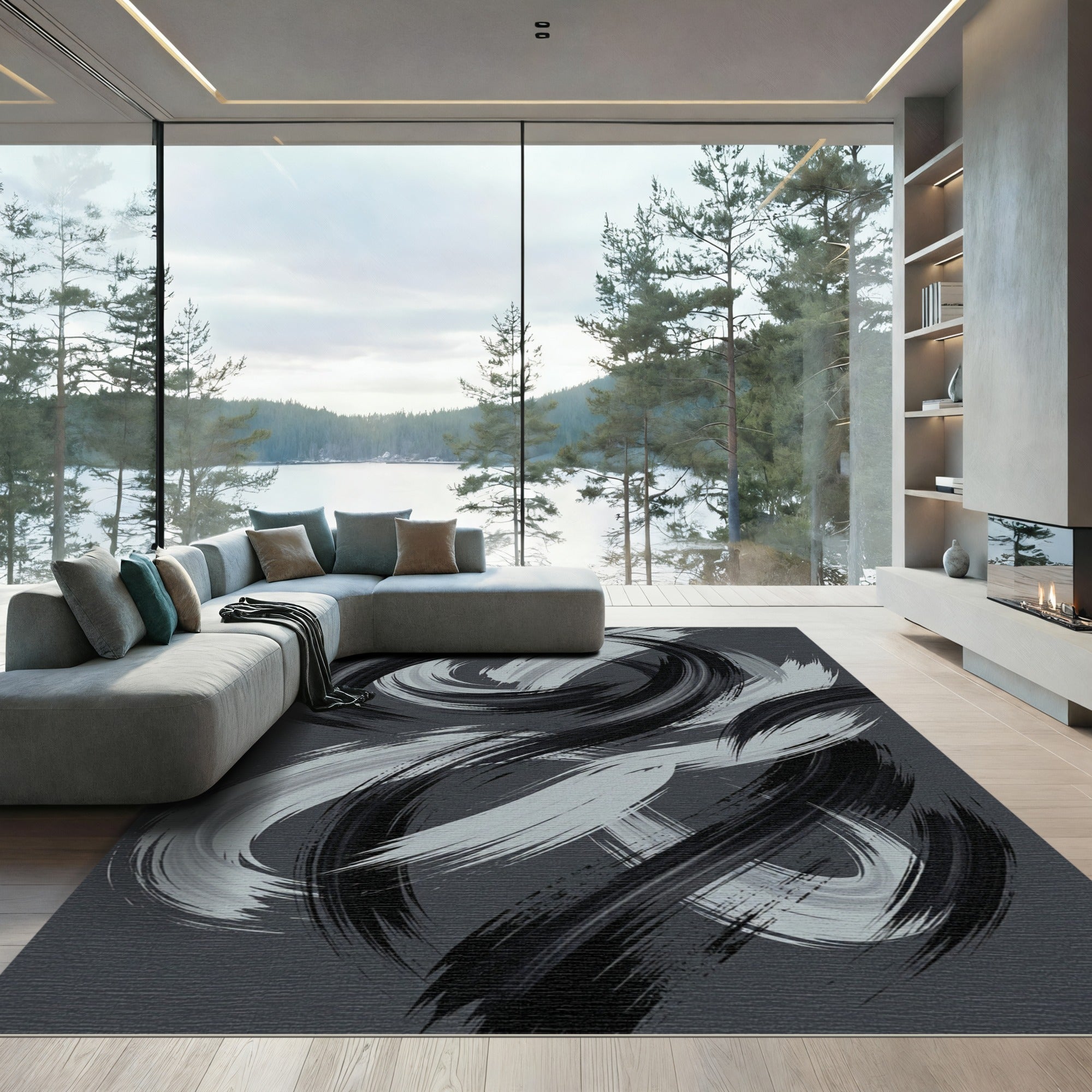 Monochrome Abstract Swirl Brushstroke Rug