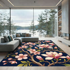 Elegant Pink Magnolia Blossom Navy Rug
