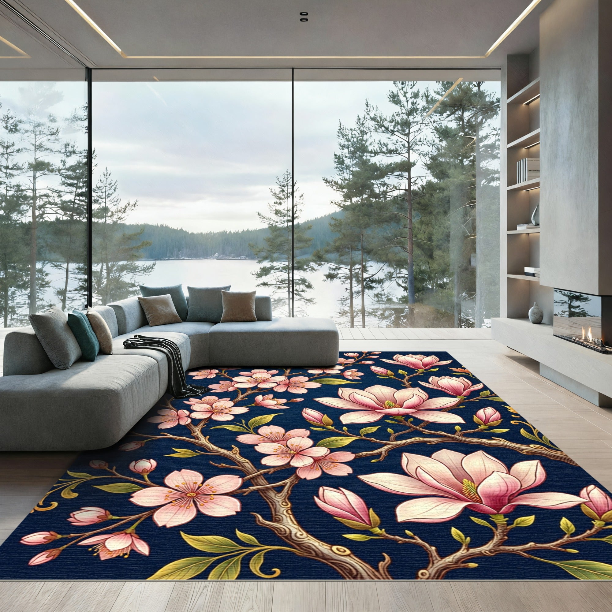 Elegant Pink Magnolia Blossom Navy Rug