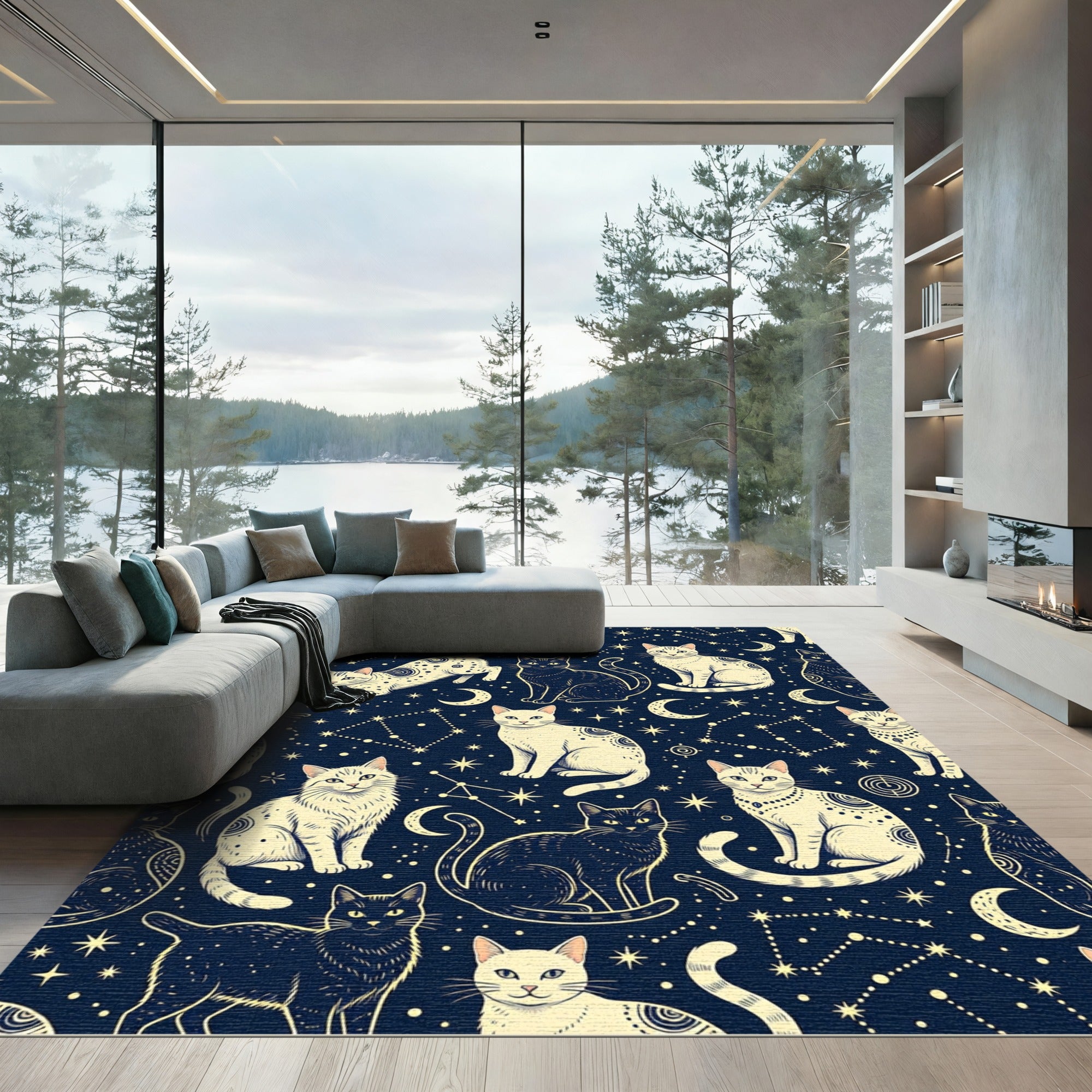 Celestial Cat Constellation Navy Moon Rug