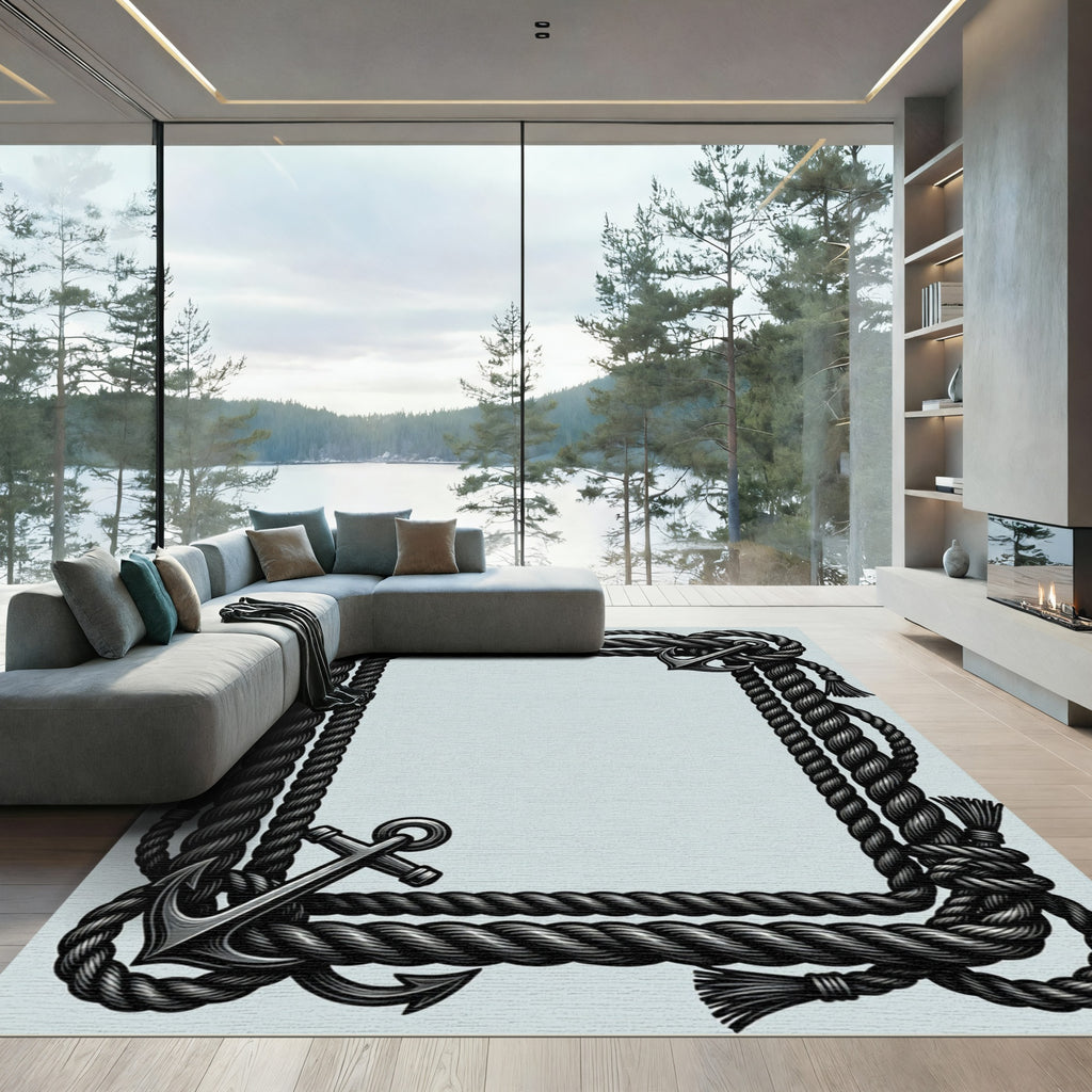 Nautical Rope Anchor Border Accents Rug