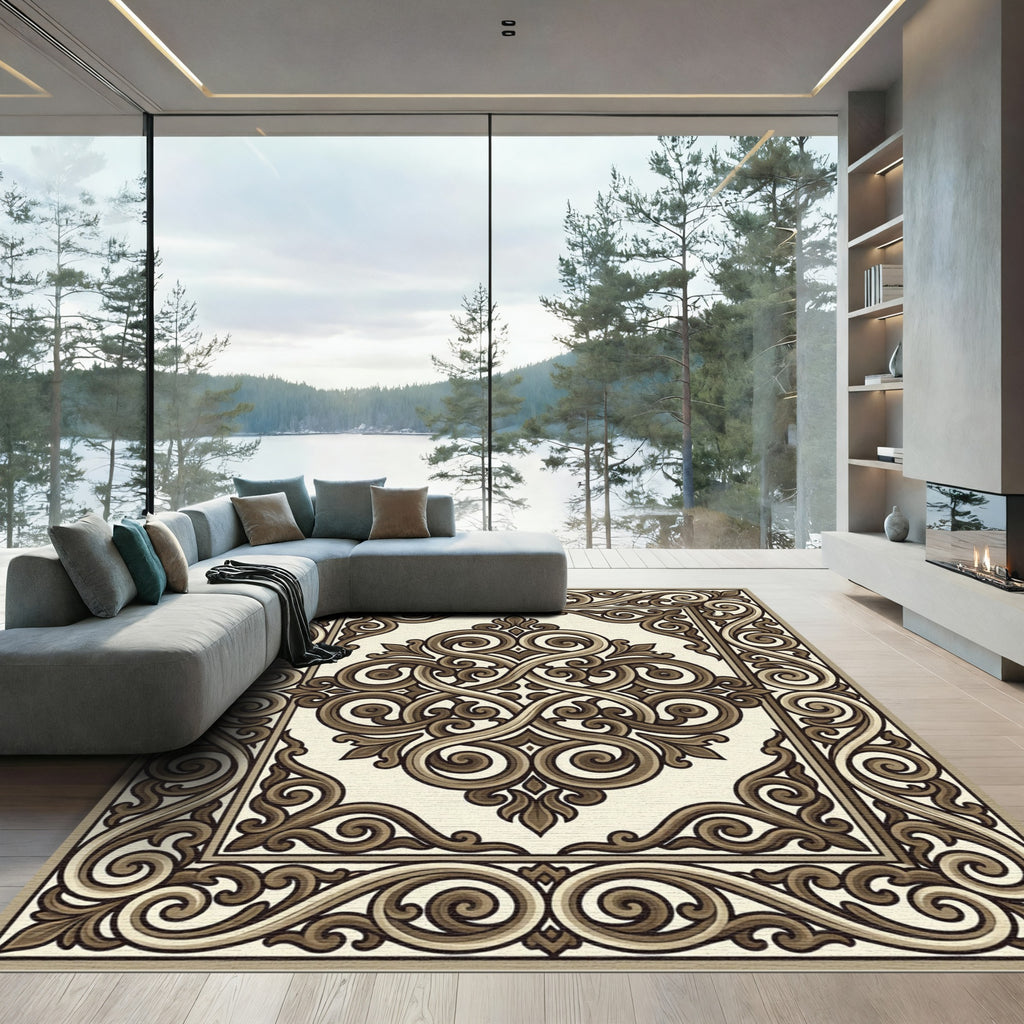 Elegant Brown Scrollwork Medallion Border Rug