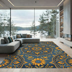 Midnight Blue Golden Sunflower Mandala Rug