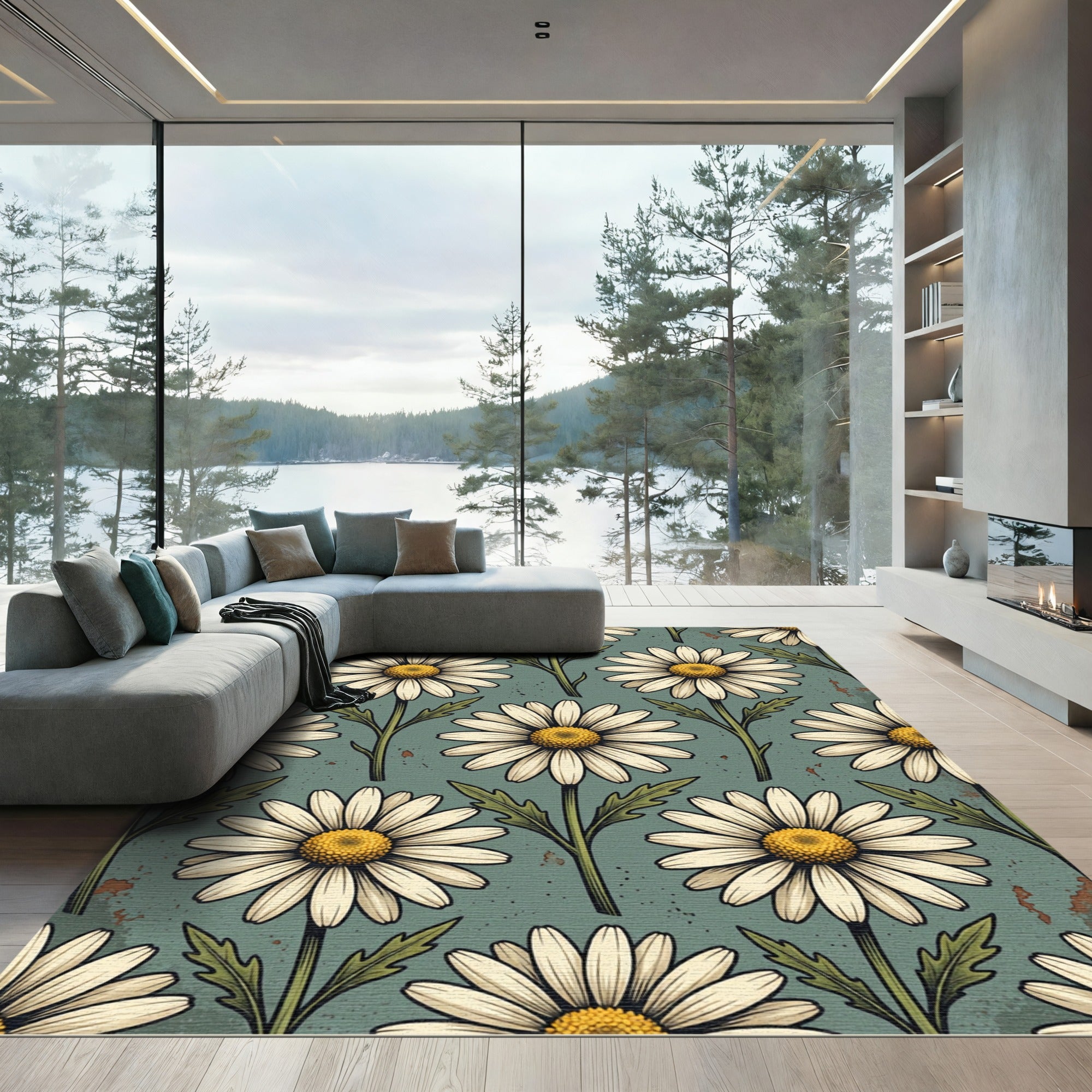 Vintage Muted Sage Daisy Floral Rug