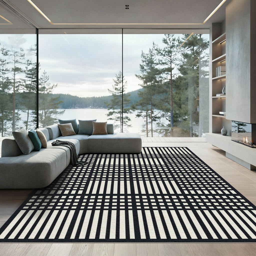 Graphic Black White Latticed Grid Rug