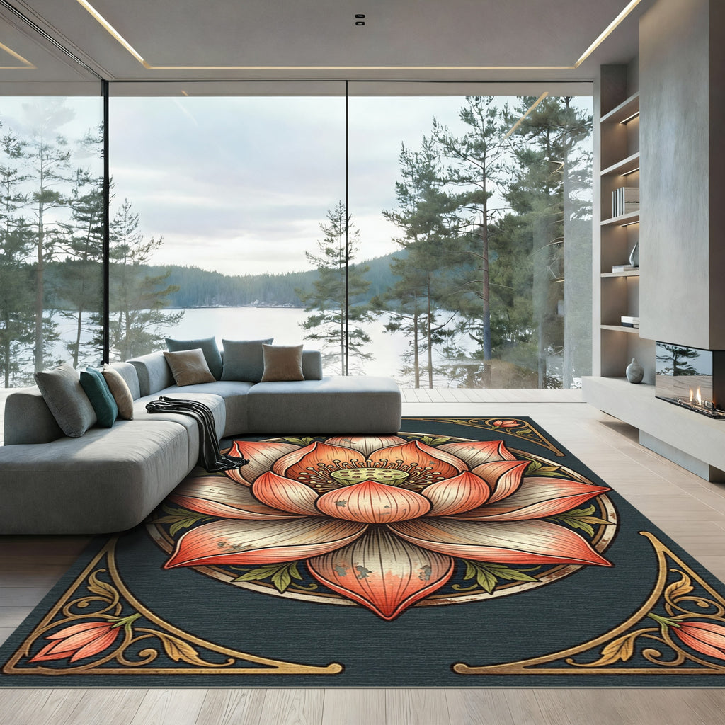 Coral Pink Lotus Mandala Art Rug